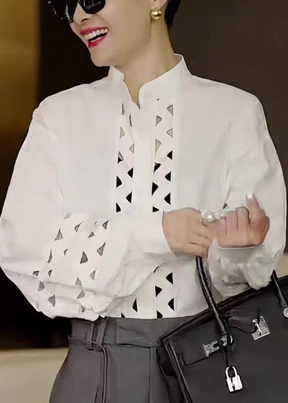 White Stand Collar Hollow Out Cotton Shirt Tops Fall