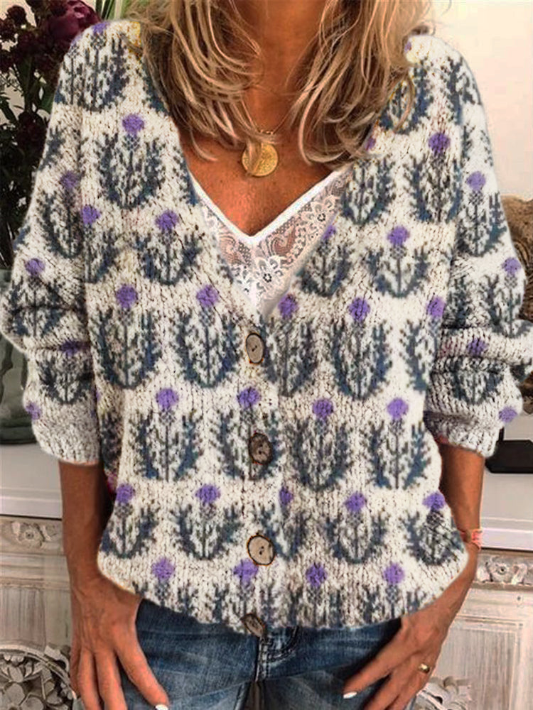 Scottish Thistle Flower Women's Knitted Cardigan artswardrobe