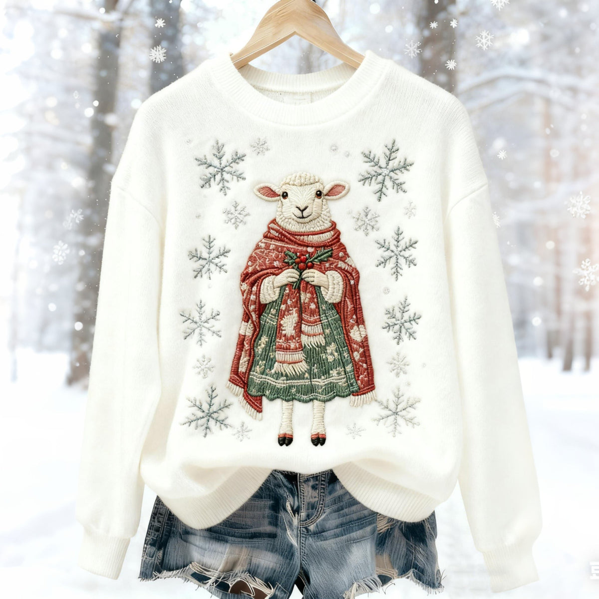Comstylish Women's Christmas Sheep Embroidered Fleece Sweatshirt