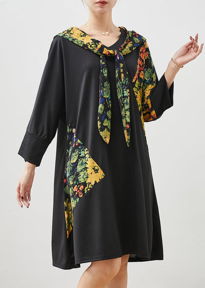 Black Hooded Patchwork Cotton Dress Spring