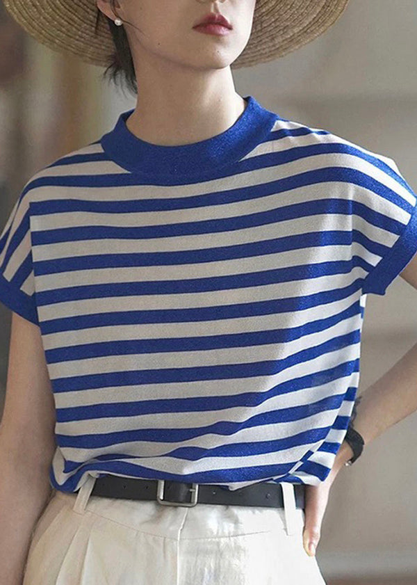 Blue O Neck Striped Cotton T Shirts Top Summer