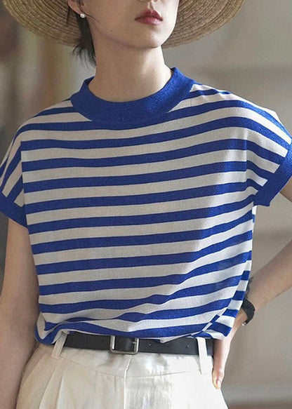 Blue O Neck Striped Cotton T Shirts Top Summer