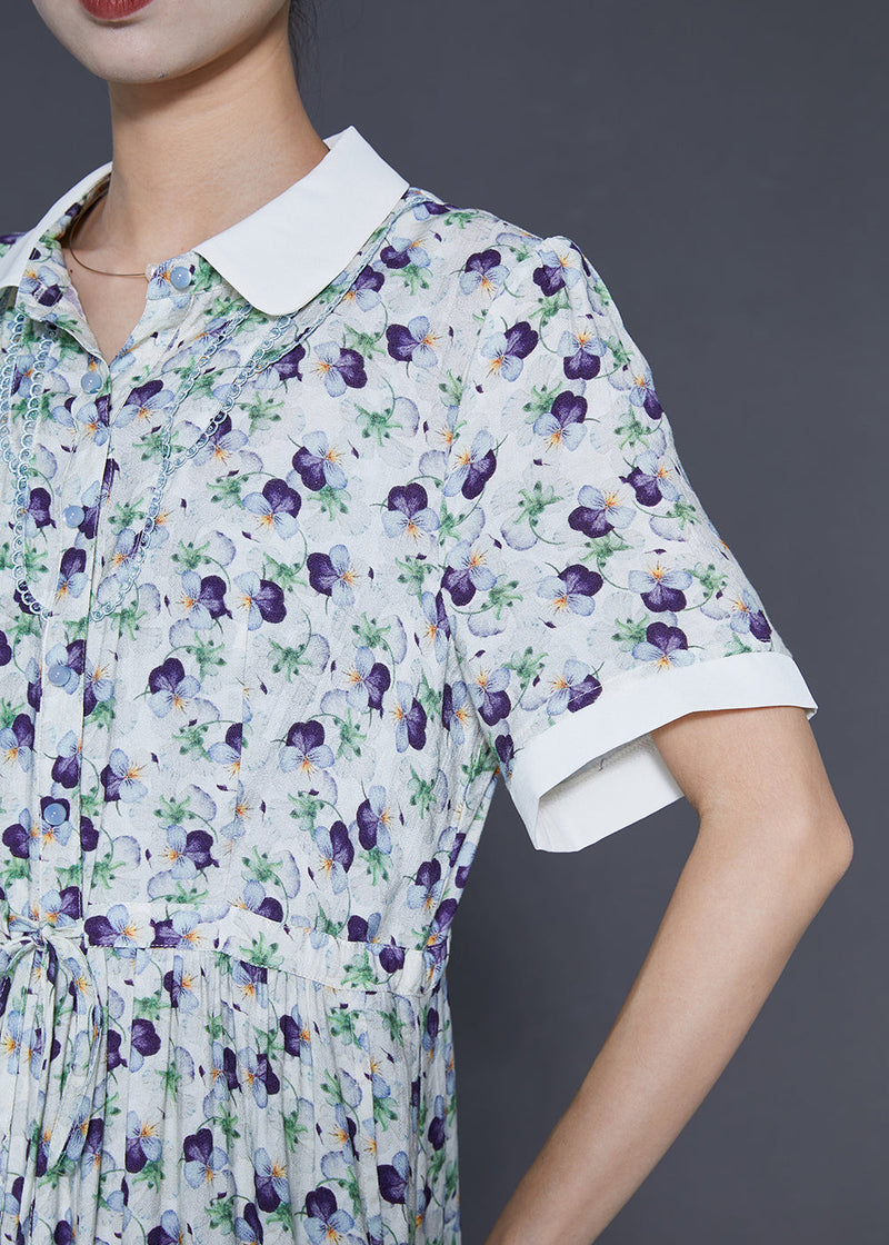 French White Cinched Print Chiffon Dress Summer