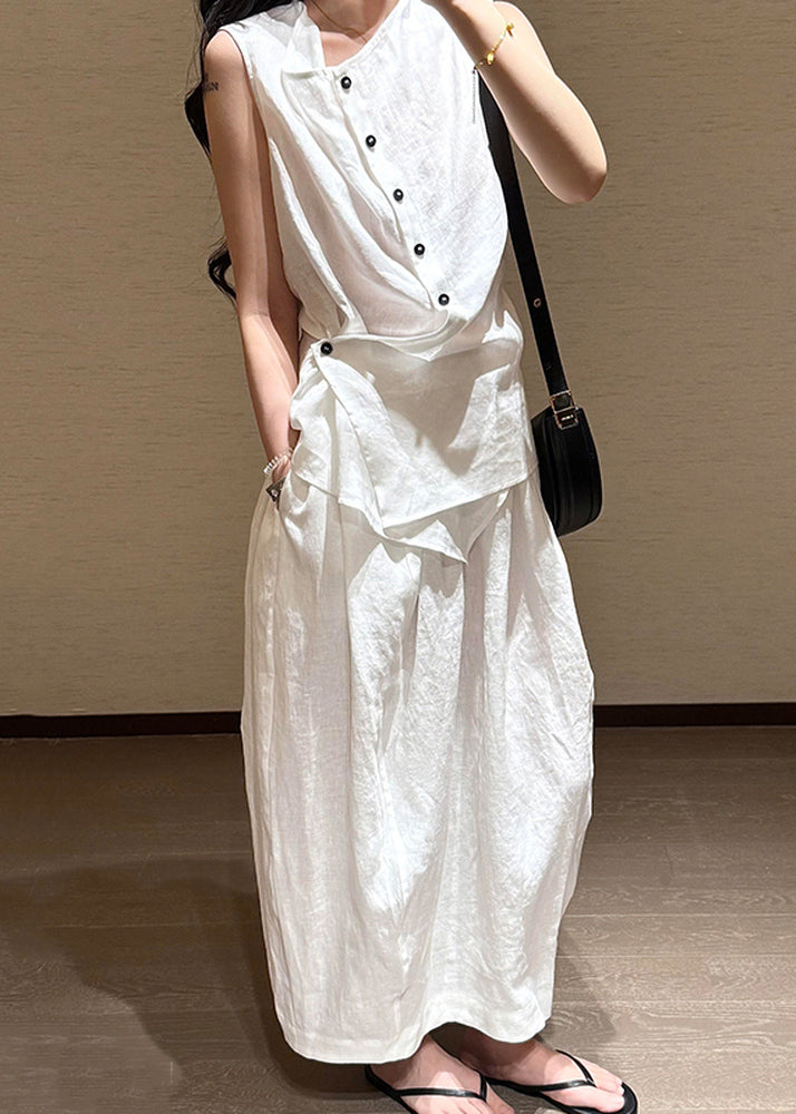 Fine White Asymmetrical Button Shirts and Skirts Cotton Two Pieces Set Sleeveless