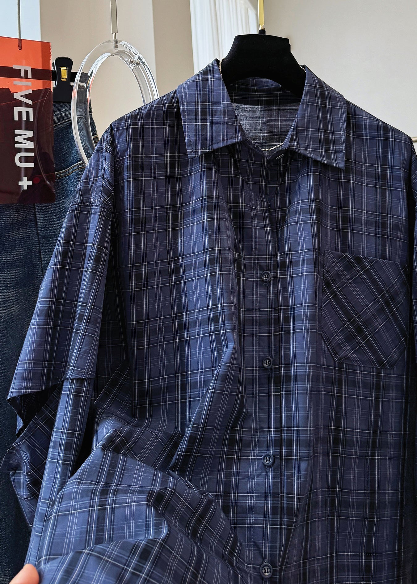 Navy Peter Pan Collar Plaid Drawstring Cotton Shirt Top Fall