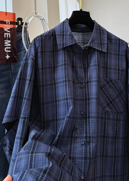Navy Peter Pan Collar Plaid Drawstring Cotton Shirt Top Fall