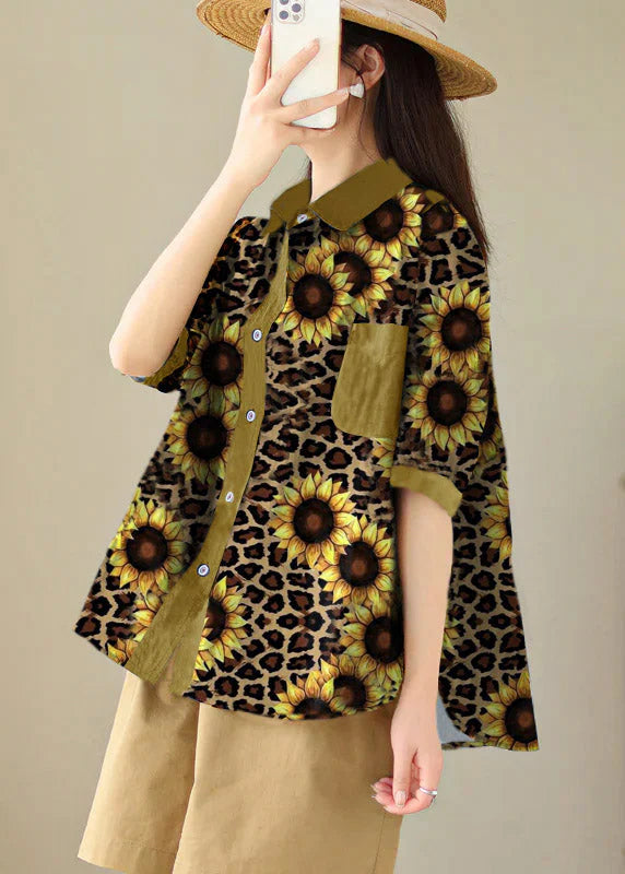 Yellow Stripes Peter Pan Collar Print Cotton Shirt Tops Summer