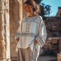 Vintage Greek Key Linen Blend Crew Neck T-shirt artswardrobe