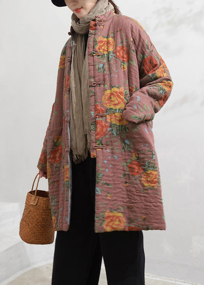 Pink Stand Collar Pockets Print Fine Cotton Filled Coat Winter