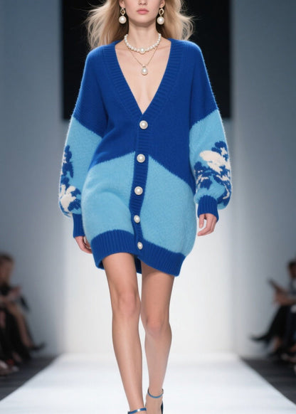 Blue V Neck Button Knit Loose Cardigans Fall