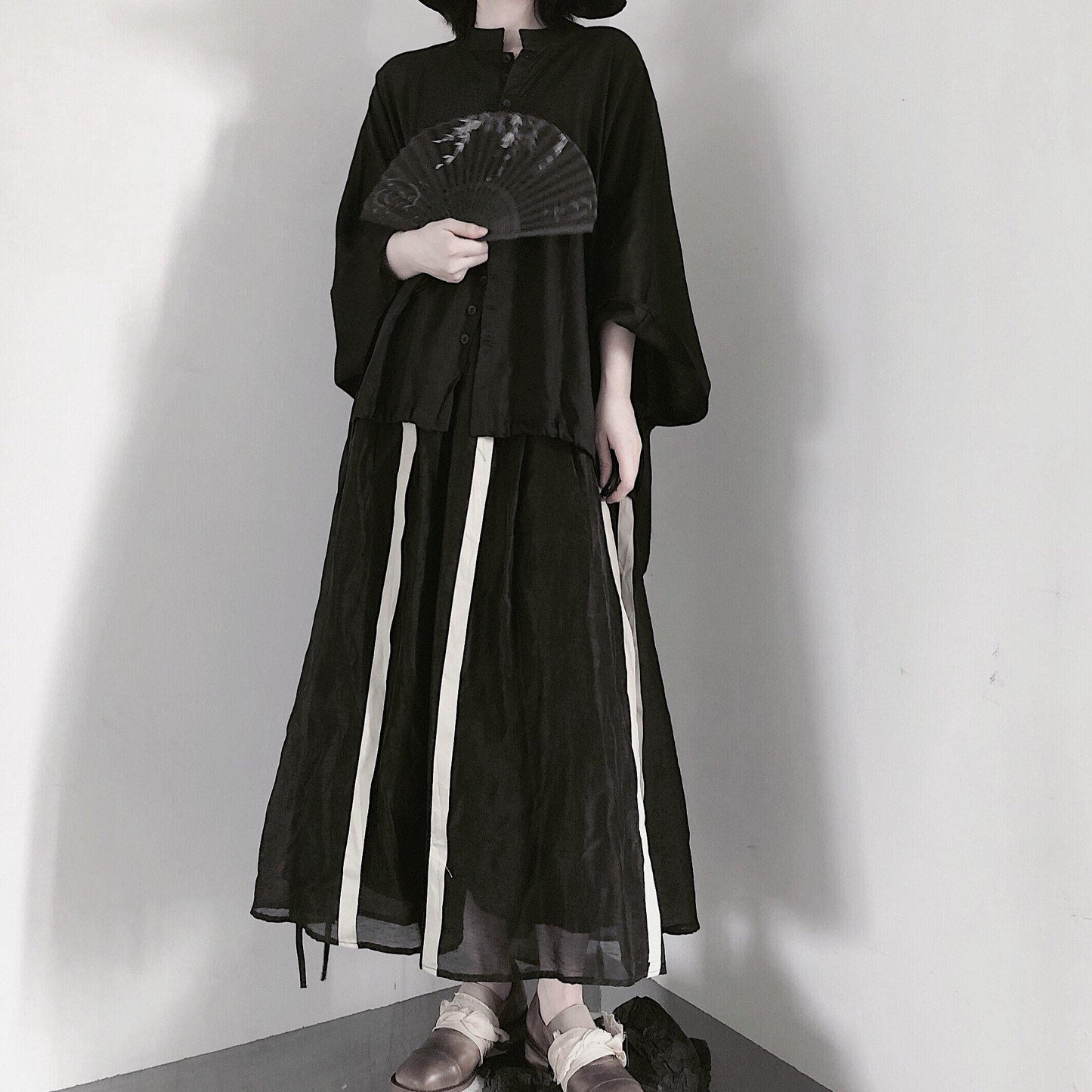 Art Black Clothes for Stand Collar Batwing Sleeve Baggy Shirts