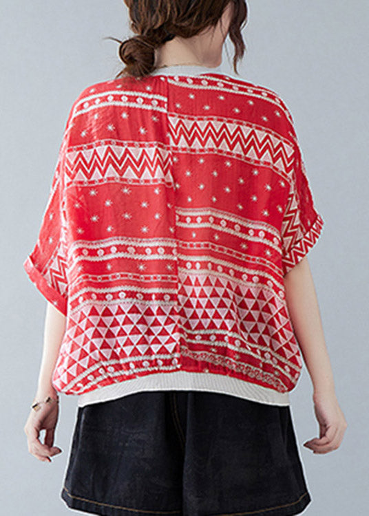 Vogue Red O-neck Print Drawstring T Shirt Summer