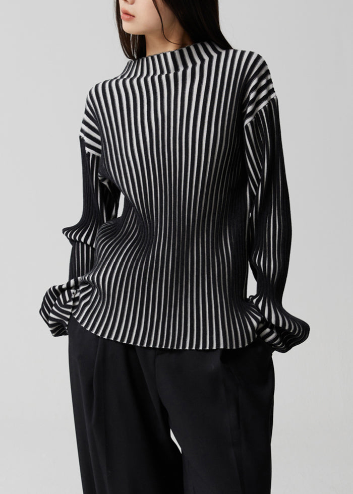 French Striped Stand Collar Patchwork Knit Top Long Sleeve Winter