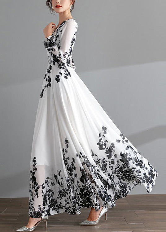 Diy Red O-neck Print Tunic Chiffon Holiday Long Dresses Long Sleeve
