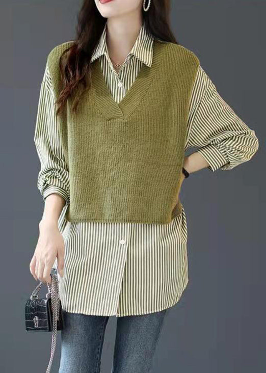 Green Button Peter Pan Collar Knit Patchwork Striped Fake Two Piece Shirt Long Sleeve