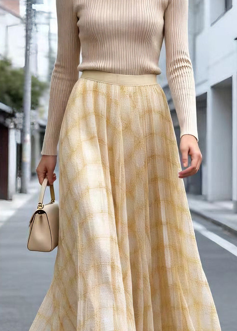 Yellow Plaid Wrinkled Tulle Skirt Summer