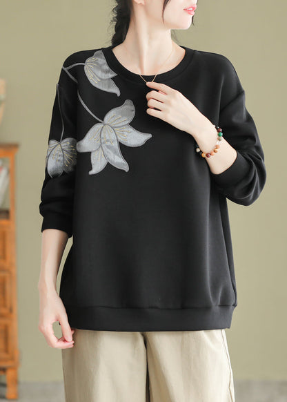 Black O Neck Embroideried Cotton Pullover Sweatshirt Fall