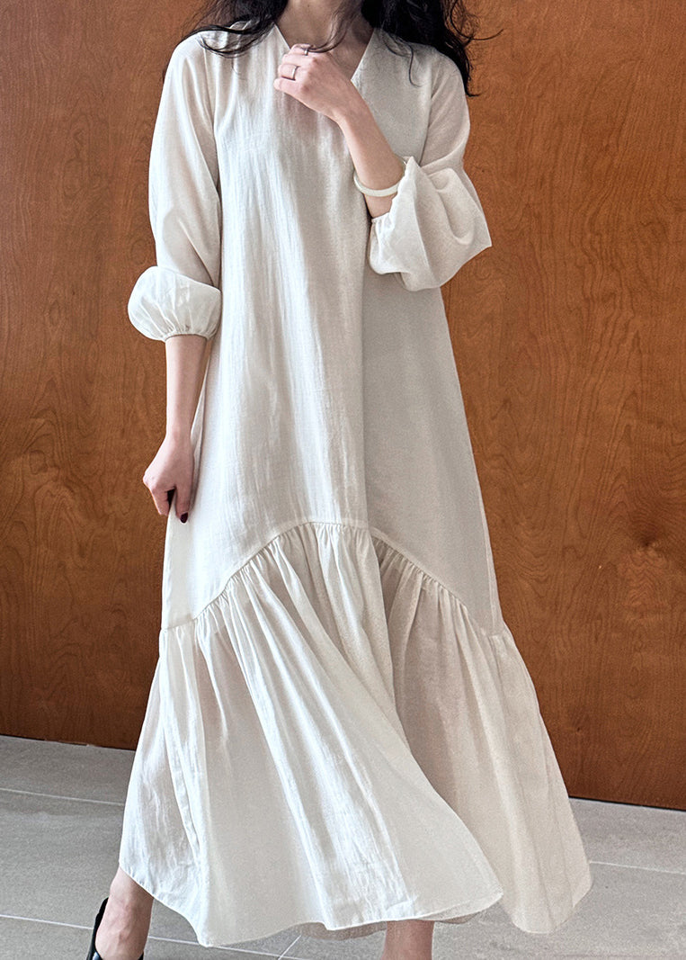 French Apricot V Neck Wrinkled Patchwork Cotton Long Dresses Fall