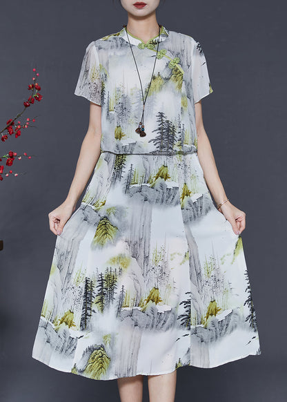 White Print Chiffon Oriental Dresses Summer