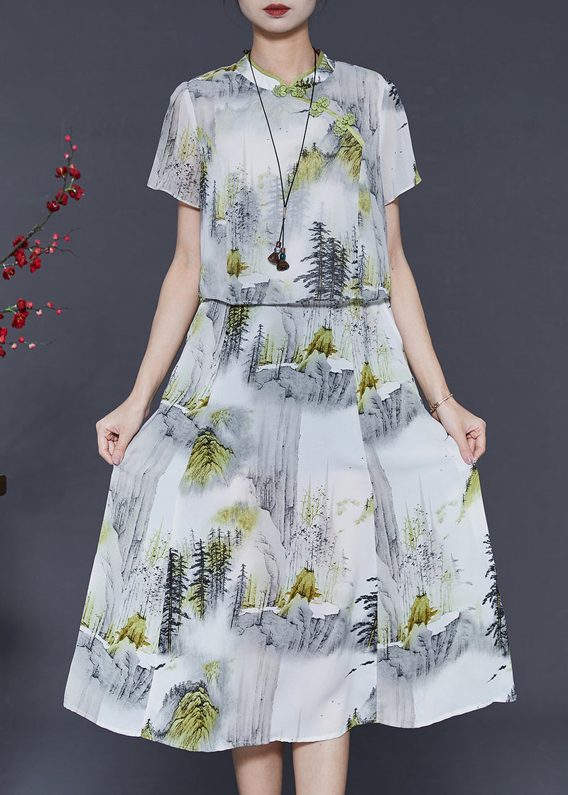 White Print Chiffon Oriental Dresses Summer