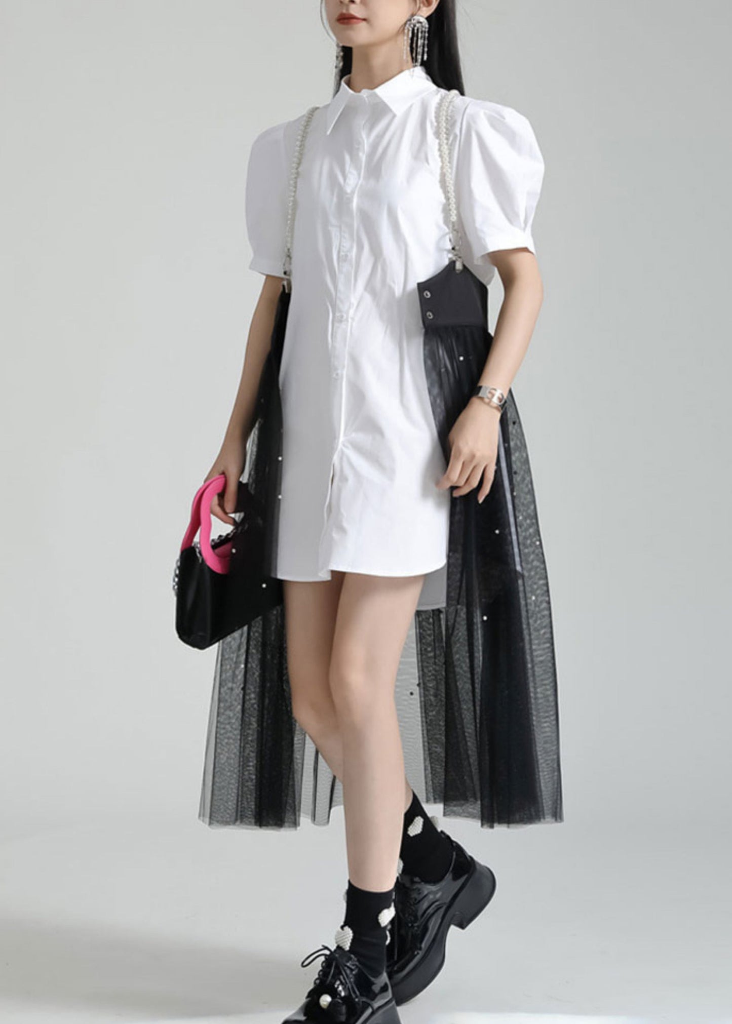 French White Peter Pan Collar Shirt Dresses and Tulle Skirt Two Pieces Set Summer