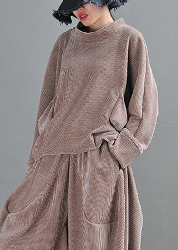 Grey Camel Turtleneck Pockets Velour Top Long Sleeve