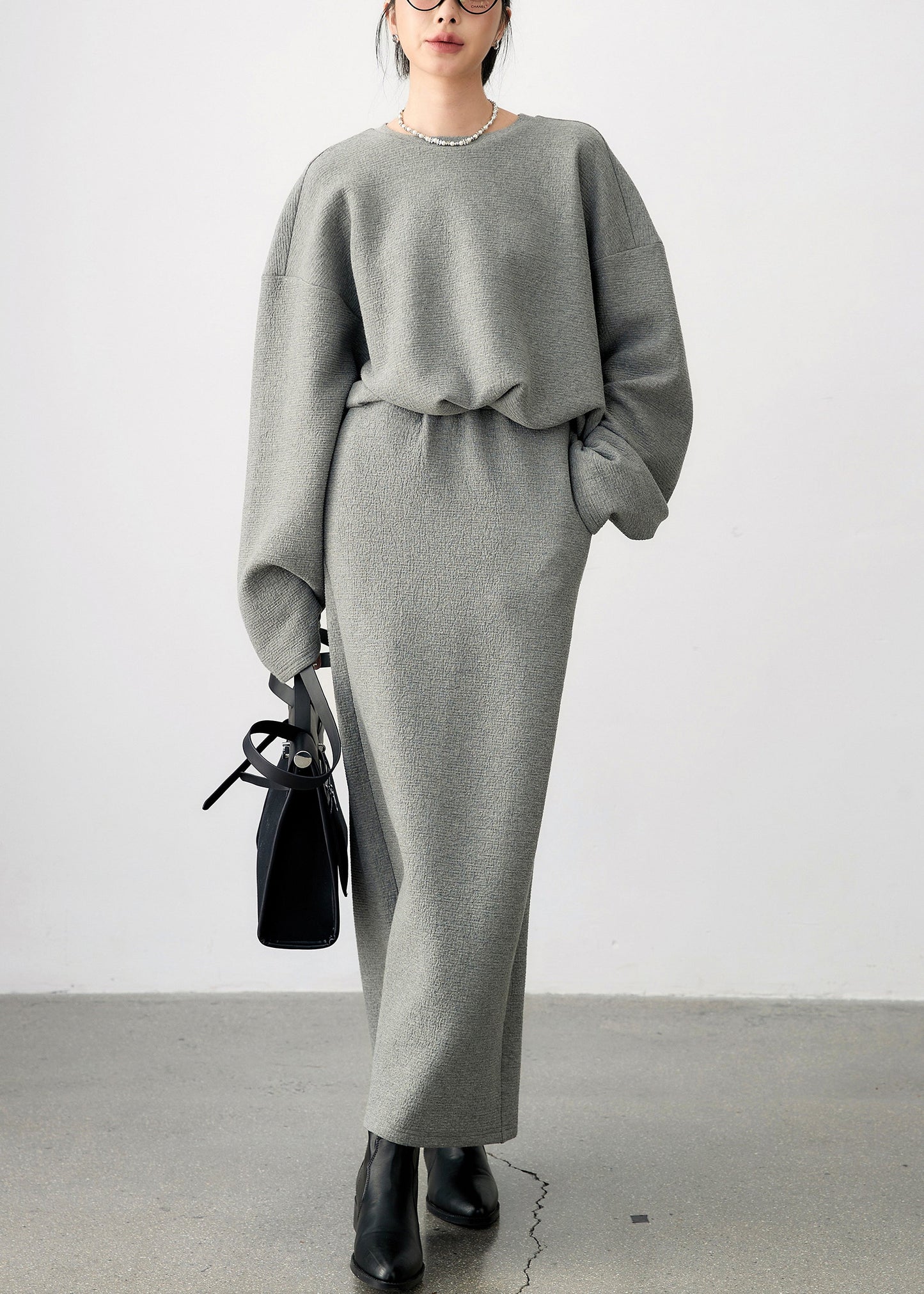 Grey O Neck Side Open Sweatshirt and Skirts Cotton Two Pieces Set Fall