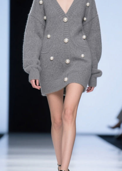 Grey V Neck Nail Bead Patchwork Knit Cardigans Fall