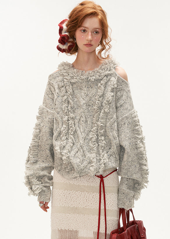 Blue Cold Shoulder Tassel Thick Cotton Knit Sweaters Winter