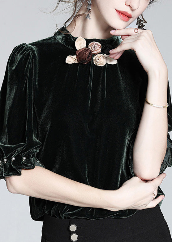 Blackish Green Stand Collar Silk Velour Top Short Sleeve