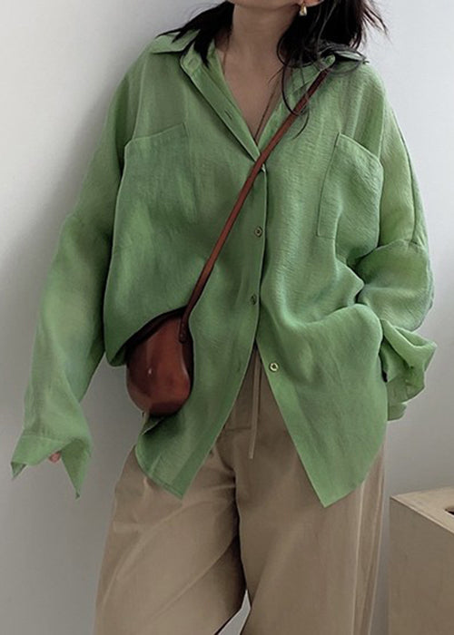 Green Button Pockets Cotton Blouses Fall
