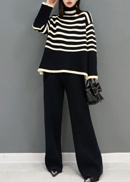 Black Turtle Neck Striped Knit Two Piece Suit Set Spring