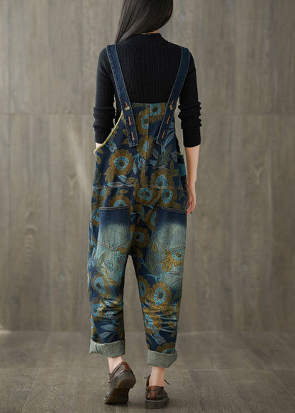 Navy Pockets Print Jeans Jumpsuit Spring