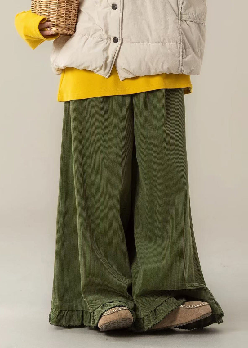 Tea Green Oversized Ruffled Corduroy Wide Leg Pants Spring