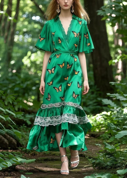 Tea Green Butterfly Patchwork Lace Silk Tunic Dress Summer