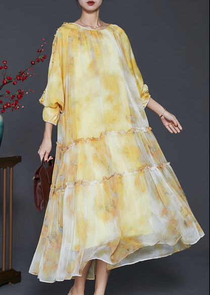 Yellow Ruffled Tie Dye Chiffon Maxi Dress Spring