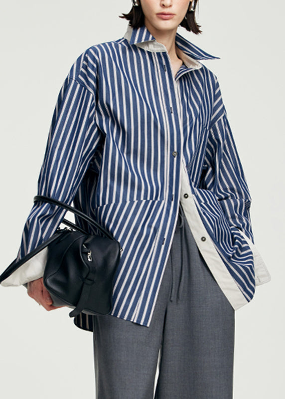 Blue Striped Patchwork Button Top Long Sleeve
