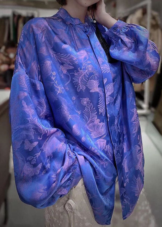 Green Stand Collar Patchwork Jacquard Silk Blouses Fall
