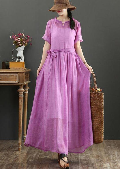 Fitted Pink Purple Bow O-neck Summer Linen Dress