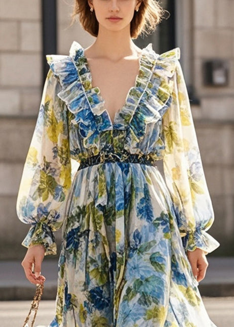 Print Ruffled Silm Fit Chiffon Beach Dress Fall