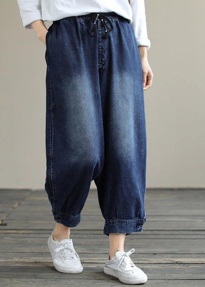 French Denim Blue Pants Spring Elastic Waist Pockets Inspiration Pants