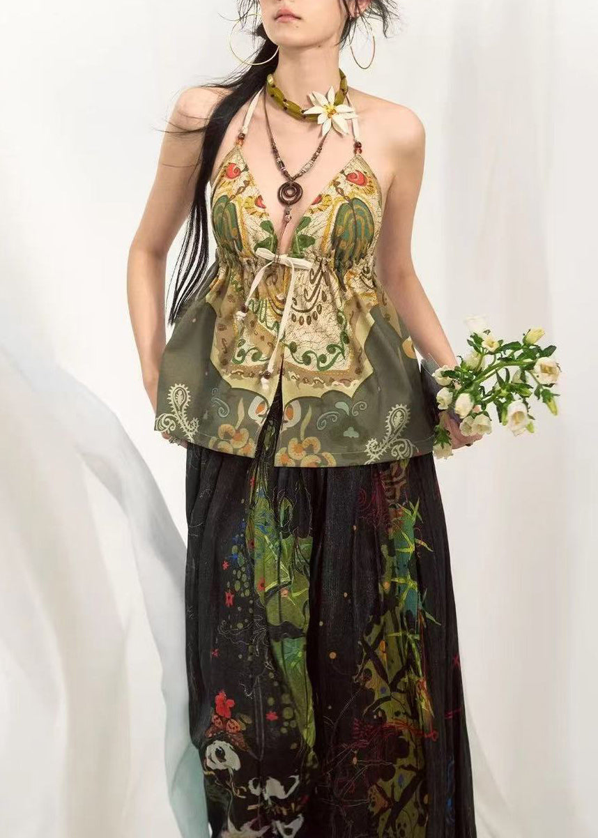 Green Oversized Print Cotton Halter Tops Summer