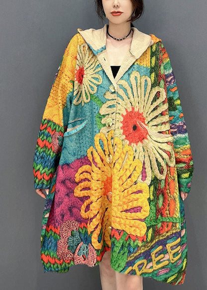 Colorblock Hooded Print Knit Loose Coats Fall