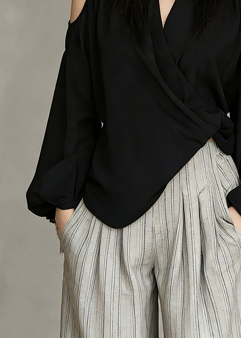 Black V Neck Cold Shoulder Top Spring