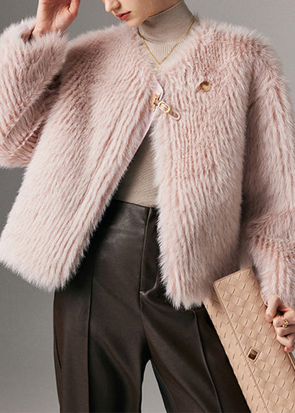 Pink Button Leather and Fur Winter Coat O Neck