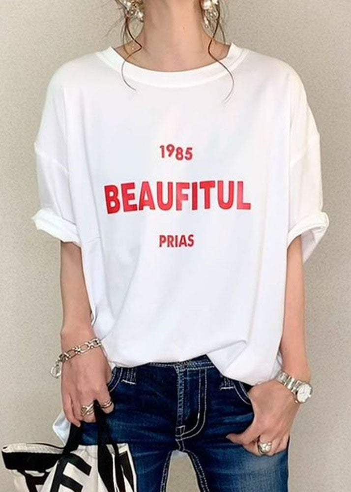 White O Neck Letter Print Cotton T Shirt Summer