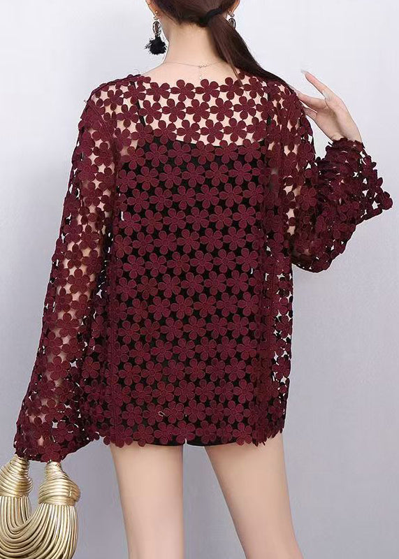 Wine Red Lace Top Flare Sleeves