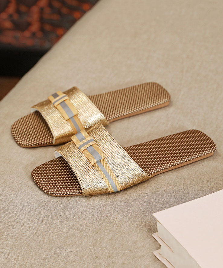 Gold Metal Cotton Fabric Splicing Slippers Shoes Peep Toe