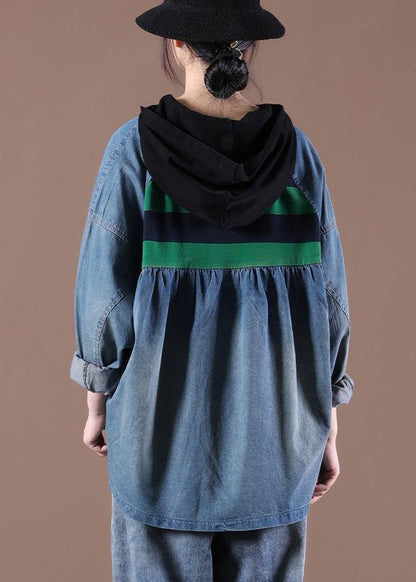 Hooded Sring Shirts Green Striped Tops