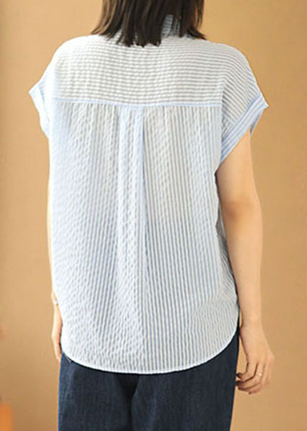 Light Blue Peter Pan Collar Striped Pocket Silk Shirts Short Sleeve